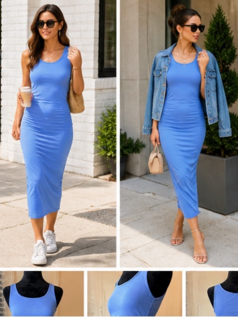 Monrow Blue Ruched Midi Dress | Ribbed Bodycon | Made in USA | Size S